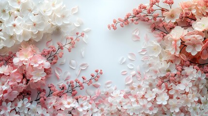 Light pink and white cherry blossoms on a white background.
