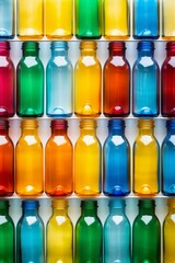 Colorful glass bottles arranged in rows on white shelves