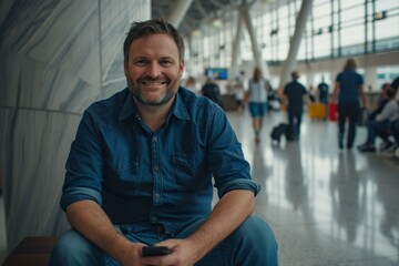 Smiling man sitting on a bench in an airport