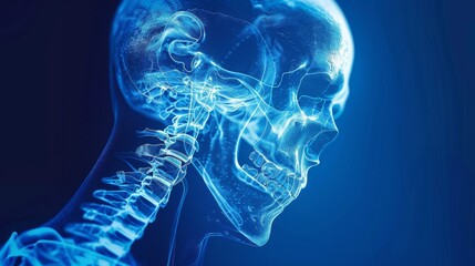 Xray style poster of bones with a deep blue background and glowing white bones, striking and scientific for any room