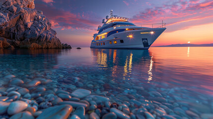 Luxury yacht is anchored near a rocky shore, illuminated under the mesmerizing hues of sunset reflecting off the calm sea pebble bay rocks