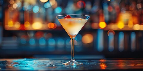 Close-up of a martini cocktail on a table in a bar