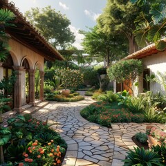 Obraz premium Courtyard with colorful flowers and lush greenery