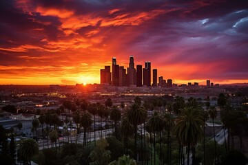 Palm Trees And Sunset Over Los Angeles