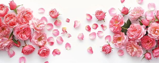 Close up of blooming pink roses flowers and petals isolated on white table background. Floral frame composition. Decorative web banner. Empty space, flat lay, top view.