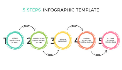 Hand drawn infographic template with five elements for your text with circles and arrows, vector eps10 illustration