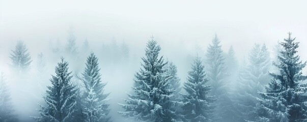 Seasonal Background with Snow covered Trees in a Pale Fog. Tranquil Winter Woodland Banner.