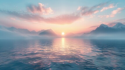 Tranquil seascape with distant mountains at sunset