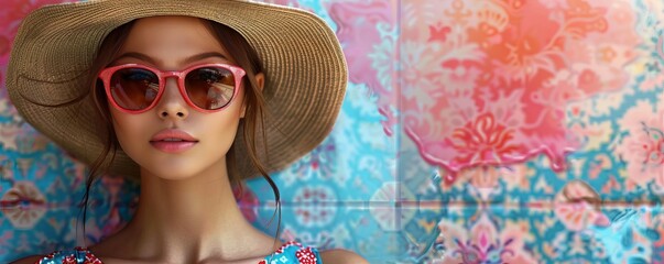 Collage of woman wearing cute hat and sunglasses. Travel concept with colorful, vintage patterns and design. Sense of adventure and wanderlust