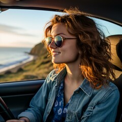 Young woman driving a car along the coast