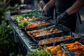 A hands-on cooking scene at an Earth Day festival, where chefs demonstrate the art of grilling...