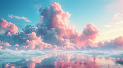 A beautiful landscape of a pink and blue sky with clouds reflecting in the water below