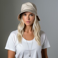 Naklejka premium Fashion model with blonde hair wearing a beige fisherman's hat and white t-shirt