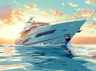 Blue and white yacht on the sea at sunset