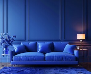 Blue sofa and cabinet in dark blue living room interior background