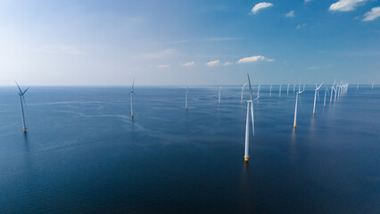 A group of wind turbines, sleek and modern, dance gracefully on the ocean waves, harnessing the power of the wind in Flevoland, Netherlands