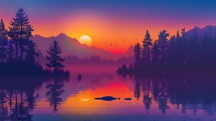 A colorful sunset over a tranquil lake, with silhouetted trees and mountains in the distance, a stunning nature background. - Powered by Adobe