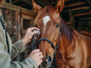 Close-up of a veterinarian examining a horse with a stethoscope