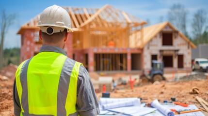 Construction worker wearing hard hat and safety vest at residential building construction site