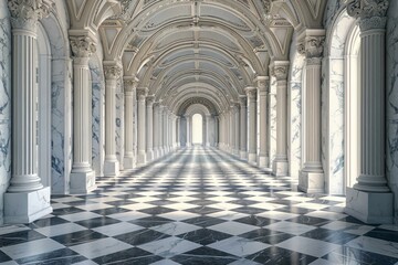 Black and white marble floor tiles in a long hallway