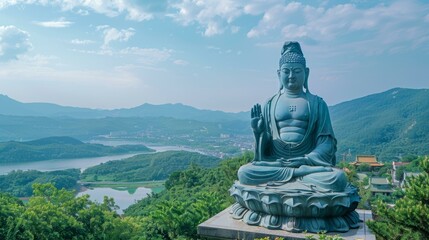 The Giant Buddha statue is located on top of the mountain overlooking the city