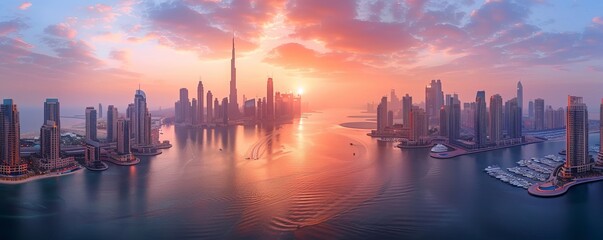Aerial view of Dubai Marina at sunset, Dubai, United Arab Emirates.