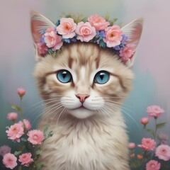 A kitten with blue eyes and a flower crown 