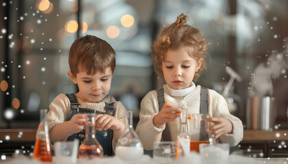 Little children conducting chemistry experiment in science classroom