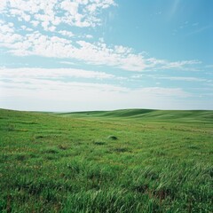 Vast green rolling hills under a blue sky with white clouds