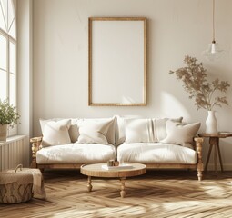 Modern living room interior mockup with a sofa, coffee table and empty frame on a wooden floor in white and beige colors, with a wooden parquet floor and a window side view
