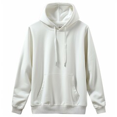 A model of a plain white hoodie sweatshirt with a hood and a pocket in front