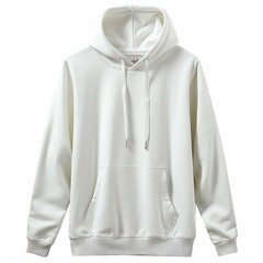 A model of a plain white hoodie sweatshirt with a hood and a pocket in front