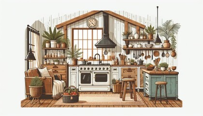 Obraz premium Warm Farmhouse Kitchen with Classic Wooden Features