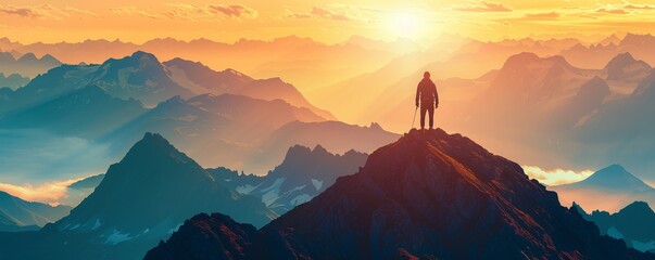 Silhouette of a man on top of a mountain peak