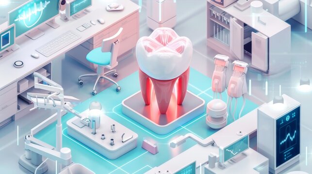 Modern dental technology poster showcasing advancements in orthodontics and implants, informative and cuttingedge for dental conferences