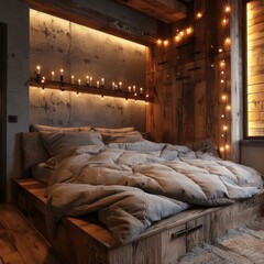 Cozy bedroom with candles and string lights