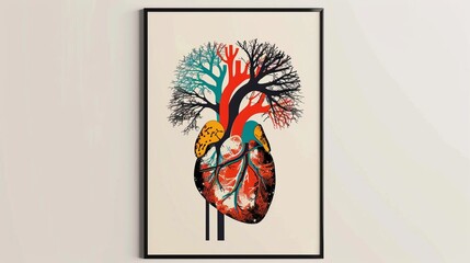 Minimalist graphic poster featuring an abstract design of the cardiovascular system, using bold colors on a clean background, suitable for modern decor