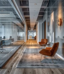 Office hallway with glass walls and wooden floor