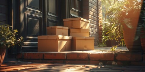 Cardboard boxes sit on the concrete and brick floor of a covered porch.