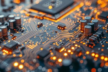 Fototapeta premium Close-up of an electronic circuit board with orange glowing lights
