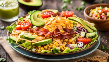 Mexican salad with bacon, corn, tortilla strips and avocado
