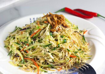 Salad with cabbage, cucumber, carrots, noodles, chicken in a plate on the table