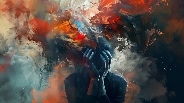 Abstract artistic representation of mental illness or emotional turmoil, presented in landscape aspect ratio 16:9 with room for text or additions. 