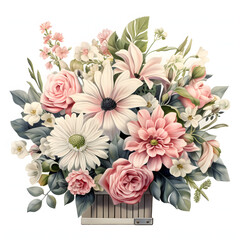 A classic clip art of a beautiful flower Flower boxes, pastel colour, overflowing with assorted blooms and greenery, beautiful wedding style, single objects, isolated on white background.