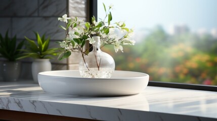 A beautiful flower vase sits on a marble table near a window.