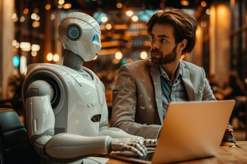 Obraz premium A man and a robot are sitting at a table and looking at each other.