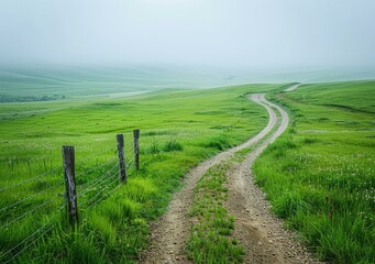 A dirt road winds through a lush green field