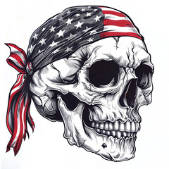 A skull wearing a bandana with the American flag design, depicted in a black and white style