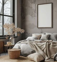 Dark grey headboard in bedroom with poster frame mockup, window side view, neutral tones, in the style of cottagecore