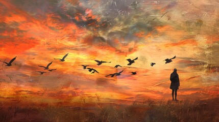 The gentle release of birds into the wild, set against a canvas of fiery sunset colors, as a person stands in prayerful reflection, contemplating freedom and hope.